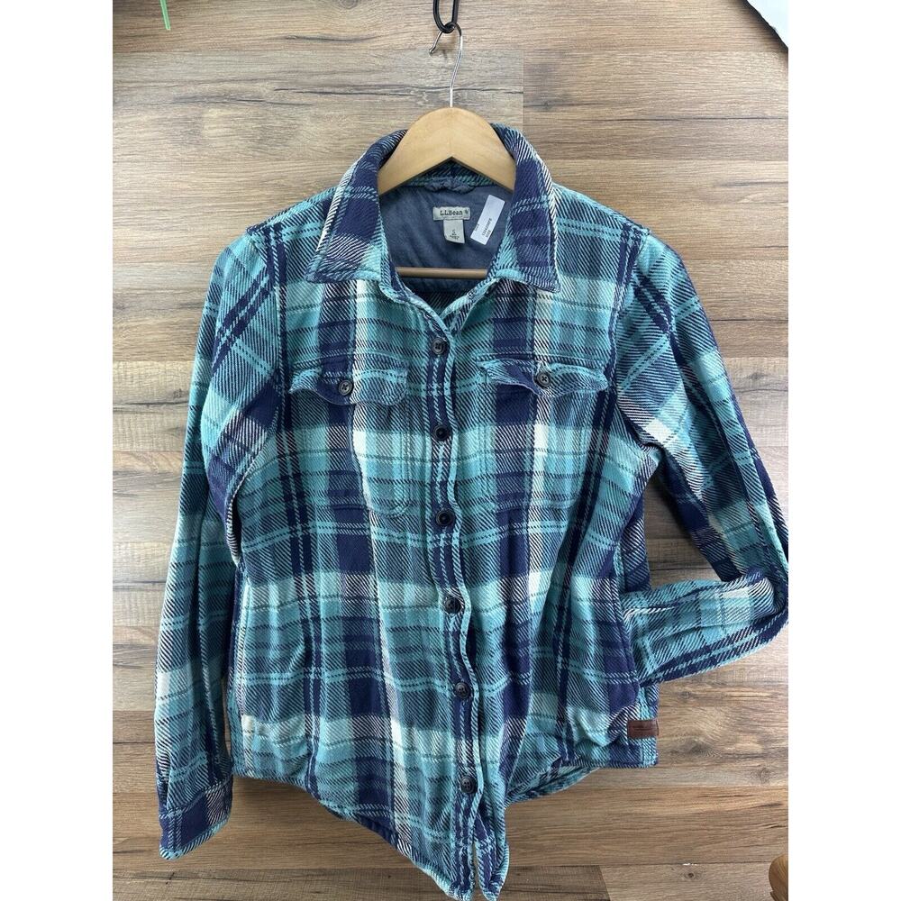 LL Bean Women Size S Green Plaid Flannel Fleece Lined Snap Button Pocket…